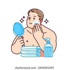 Mann, der Gesichtspflege, kosmetische Aftershave-Lotion aufträgt. Glücklicher junger Mann mit Hautpflege, Hygiene, Gesichtscreme. Flache grafische Vektorillustration auf weißem Hintergrund