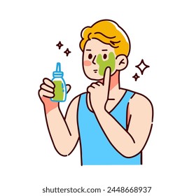 Hombre aplicando cosmético para el cuidado de la piel de la cara, máscara facial. Hombre joven usando tratamiento de cuidado de la piel, higiene, crema facial. Ilustración vectorial gráfica plana aislada sobre fondo blanco