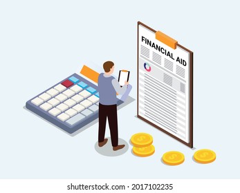 Man applying for a financial aid isometric 3d vector concept for banner, website, illustration, landing page, flyer, etc.