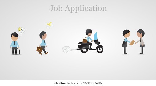 Man Applying For A Job, Timeline - Vector. Business Man Going To Job Application In Company. Corporate People Concept. Cartoon Character Vector. Businessman Handing Over CV To Human Resources Manager