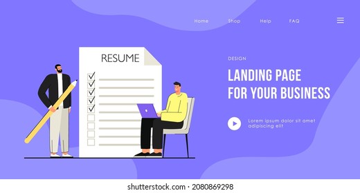 Man applying for job vector illustration. Male with pencil ticking points in resume, another man with laptop, interviewing him online. Job search concept for banner, website design or landing page