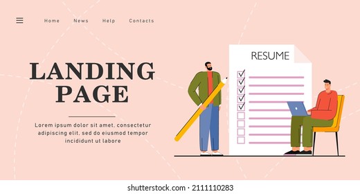 Man applying for job vector illustration. Male with pencil ticking points in resume, another man with laptop, interviewing him online. Job search concept for banner, website design or landing page