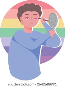 Man applying makeup in front of a mirror. Perfect for LGBTQ Pride Month and themes of equality. Vector illustration EPS10