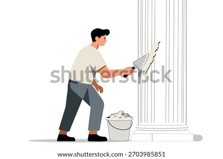Man applying plaster to column