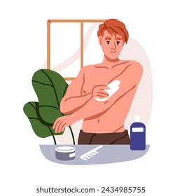 Hombre aplicando crema para la piel, loción hidratante para el cuidado del cuerpo. Carácter masculino durante el cuidado de la piel de belleza, rutina de cuidado corporal con crema hidratante en el baño. Ilustración vectorial plana aislada sobre fondo blanco