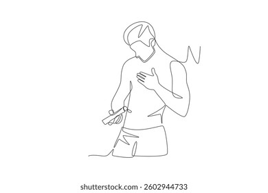 Man applying sunscreen to his body. Applying sunscreen concept one-line drawing