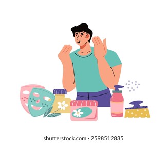 Man applying various kinds of natural cosmetics for his bedtime or morning daily routine procedure, vector illustration isolated. Men skin care and beauty routine concept.