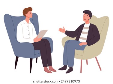 A man at an appointment with a man's psychologist.Male psychotherapist sitting in front of the patient, listening to him and making notes.