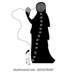 Man approaching the path to a round spiral maze or labyrinth symbol inside a huge female figure holding yarn ball. Ariadne thread. Creative concept. 