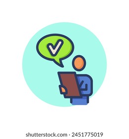 Man approving document line icon. Speech bubble, product, approval isolated outline sign. Check marks and business concept. Vector illustration symbol element for web design and apps