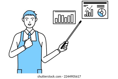A man in an apron analyzing a performance graph.