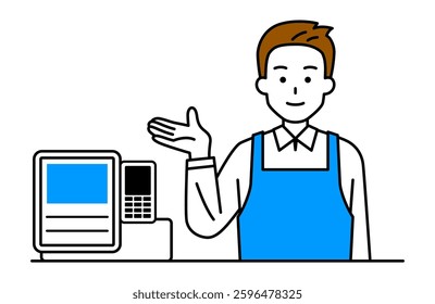Man in an apron assisting customers at the cash register