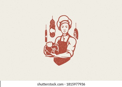 Man in apron and cap demonstrating piece of fresh meat hand drawn stamp effect vector illustration. Vintage grunge texture emblem for butchery packaging and menu design or label decoration.