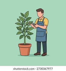 A man in an apron is carefully pruning the leaves of a small potted plant with shears, demonstrating a gardening hobby.