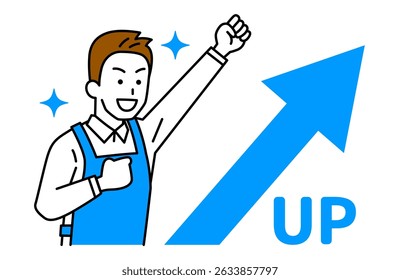 Man in an apron celebrating with a rising arrow and a fist pump