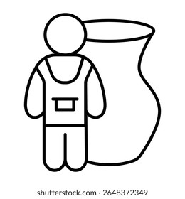 Man with apron and clay jug thin line icon, pottery making concept. Vector graphics. Human with big vase sign on white background, style mobile or design