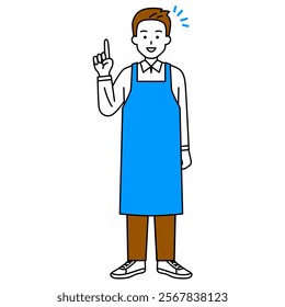 Man in an apron coming up with an idea (full body)