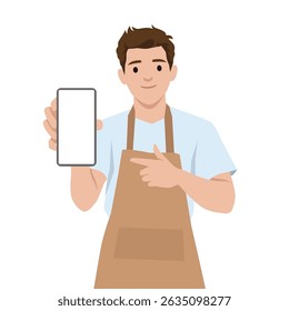Man in Apron confidently holds and points at a blank smartphone screen. Flat vector illustration isolated on white background