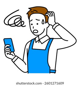 Man in an apron confused by the screen of his smartphone