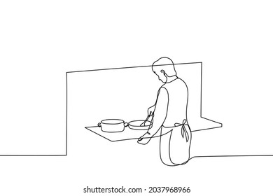 Man In An Apron Is Cooking At Home - One Line Drawing. Homemade Food Concept, Bachelor Or Family Man Prepares Food 