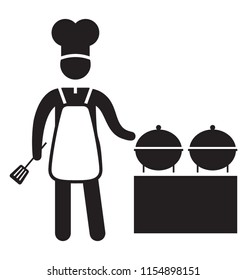 
Man in apron and customize cap for cooks standing near cloches for chef icon
