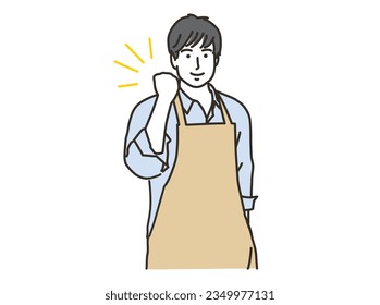 A man in an apron doing a guts pose
