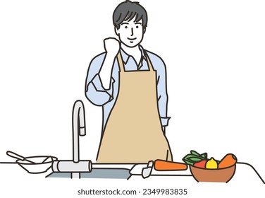 A man in an apron doing a guts pose in the kitchen
