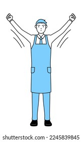 A man in an apron doing radio calisthenics, preparation for accident prevention