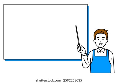 Man in an apron explaining something on a whiteboard