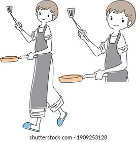 Ein Mann, der im Vorfeld kocht (Braten in einer Bratpfanne)