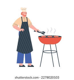 Man in apron grilling meat on BBQ, flat vector illustration isolated on white background. Professional chef doing barbeque. Character cooking food.