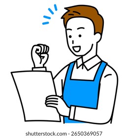 Man in an apron happily looking at a document