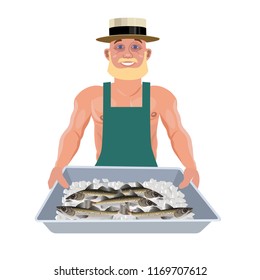 Man in an apron and hat holds a tray with fish. Vector illustration isolated on white background