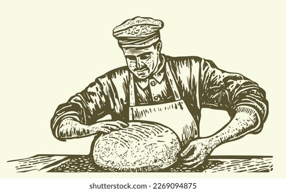 Man with apron and hat kneads the dough. Vintage woodcut engraving illustration.