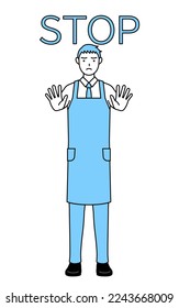 A man in an apron with his hand out in front of his body, signaling a stop.