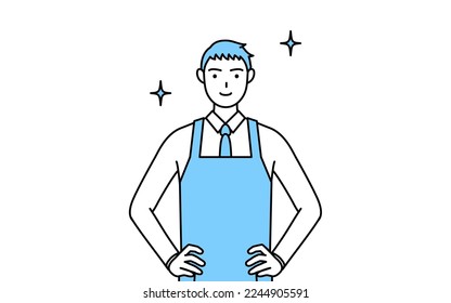 A man in an apron with his hands on his hips.