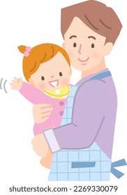 Man in apron holding baby waving