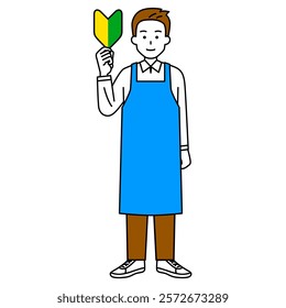 Man in an apron holding up a beginner's mark (full body)