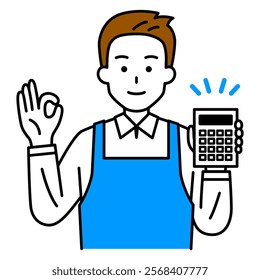 Man in an apron holding a calculator and making an OK sign