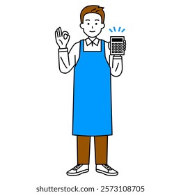 Man in an apron holding a calculator and making an OK sign (full body)