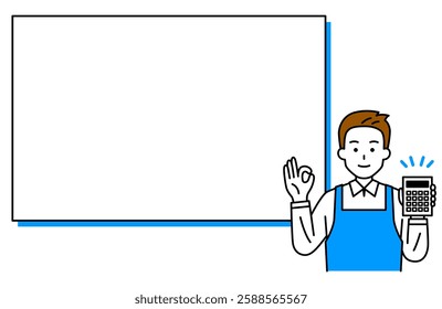 Man in an apron holding a calculator and making an OK sign in front of a whiteboard