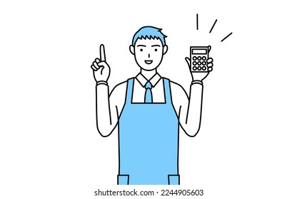 A man in an apron holding a calculator and pointing.