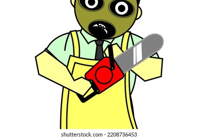 Man With An Apron Holding A Chainsaw. Creepy Cartoon Serial Killer. Chibi Horror Person With A Scary Mask.