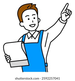 Man in an apron holding a document and pointing into the distance