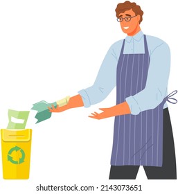 Man in apron holding garbage bottle near waste bin. Eco living, green thinking, conscious consumption concept. Person throws out plastic trash for recycling. Guy caring for nature and ecology