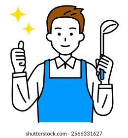 Man in an apron holding a ladle and making a good sign