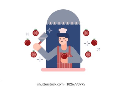 Man in an apron holding metal sharp cleaver. People in the window frame and vector tomato, star icons. Illustration about Kitchen at home.