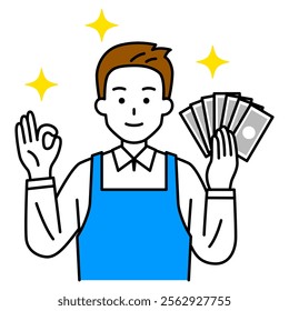 Man in an apron holding money and making an OK sign