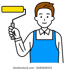 Man in an apron holding a paint roller