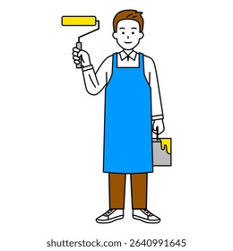 Man in an apron holding a paint roller (full body)